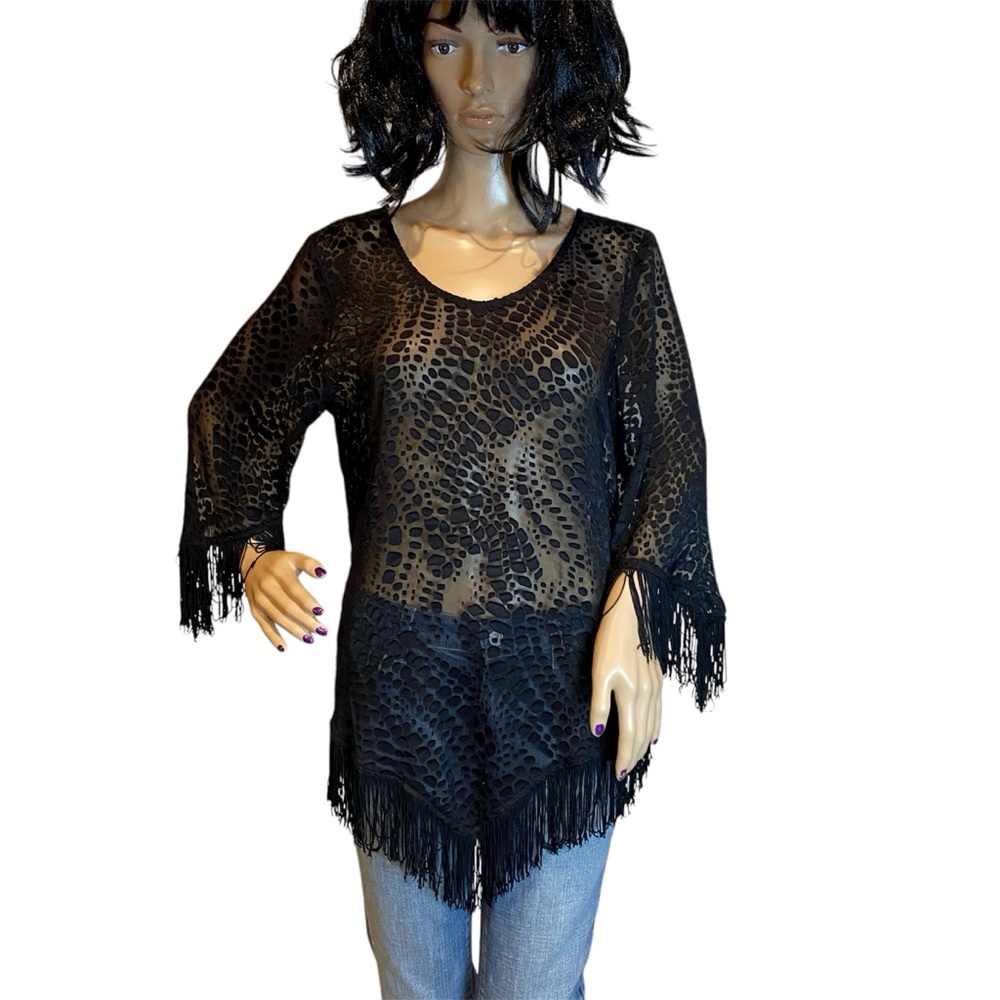 Ariat Burnout Animal Print Sheer Boho Tunic Top Shirt with Fringe Size Small EUC